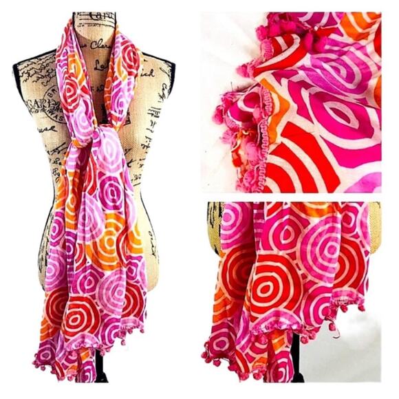 Pink Orange White Scarf or Wrap with Pink Pom Pom Trim - Picture 13 of 14